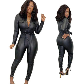 5Pcs Bulk Items Wholesale PU Leather Jumpsuits Women Long Sleeves Single Breasted Belt One Piece Rompers Sexy Bodycon Overalls