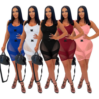 5Pcs Bulk Wholesale Mesh Patchwork Playsuit Women Sexy See Through Romper Female Unique Belt Bodycon Jumpsuit Summer Outfit 9504