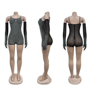 5Pcs Bulk Wholesale Rhinestone Playsuits Women Sexy See Through Mesh Spaghetti Strap Rompers with Gloves Clubwear Jumpsuit 10968