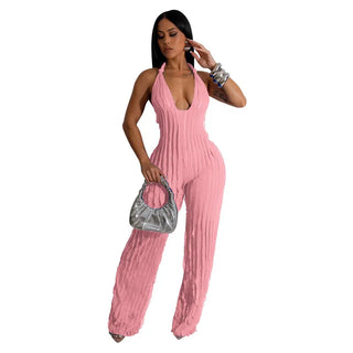 5Pcs Bulk Wholesale Ruffles Jumpsuits Women Sexy Deep V-neck Lace Up Backless Rompers Wide Lege Pants Overalls