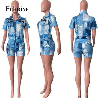 Women Fashion Printed Short Sleeve zipper Shirt Coats And Shorts Suit Summer Casual  Tracksuit Two 2 Piece Set Outfits Thomas Family Essentials