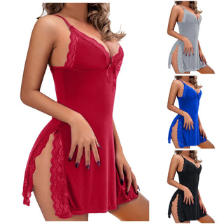 Sleepwear Women Lace Sexy Spaghetti Strap Home Clothes Solid Color Low Cut Sleeveless Split Nightgown Backless Ultra Mini Dress