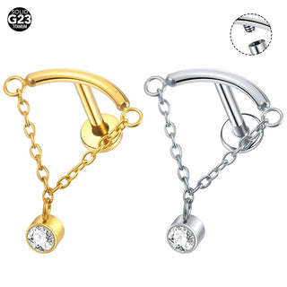 ASTM F136 Titanium Drop Pendant CZ Stud Earring with Dangle Chain Helix Cartilage Earrings Tragus Lip Flat Back Piercing 16G