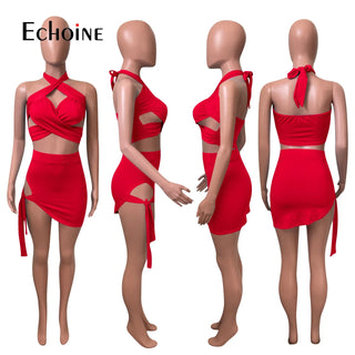 Sexy Two Piece Set Women Summer Halter Bandage Backless Crop Top Skirts mini Dresses Party Club Outfits