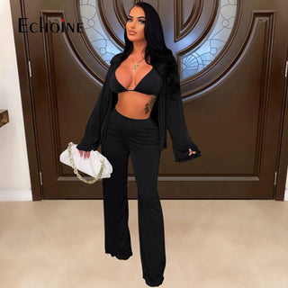 Sexy Solid Velvet pajama Suit Cardigan+Bind Crop Top And Long Pants 3 Pieces Set  pajamas Fashion Home sleepwear