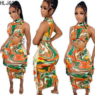 HLJ&GG Orange Fashion Print Bandage Ruffle Skinny Skirts Two Piece Sets Women O Neck Sleeveless Crop Top And Skirts Outfits 2024