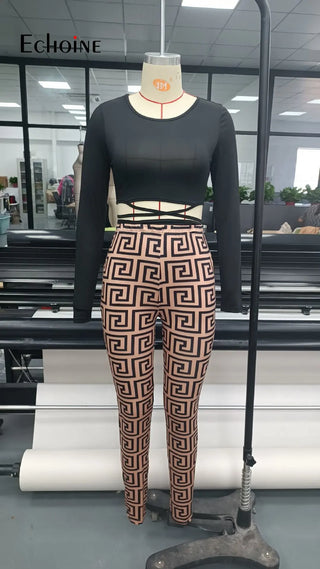 Slim Long Sleeve Crop Top And Print Pants Two 2 pcs Set 2022 Sexy Fashion Casual Street Party club Outfits