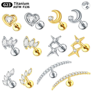 G23 Titanium Ear Cartilage Piercing Moon Heart Crystal Flat Back Ear Studs Tragus Helix Earrings Sexy Jewelry for Women