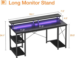 55 inch Gaming Desk with LED Lights & Power Outlets Computer Desk with Monitor Stand & Storage Sheves CPU Stand