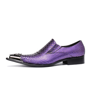 Fashion Purple Snake Grain Genuine Leather Men Party Dress Shoes Metal Pointed Toe Business Office Party Oxford Shoes Plus Size