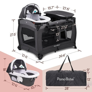 Nursery Center, Foldable Playard for Baby & Toddler, Bassinet, Mattress, Changing Table for Newborn(Black)