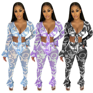 Sheer mesh Two Piece Set Spring 2021 Sexy Club Outfits Crop Top and Pants Suit Matching Party Sets