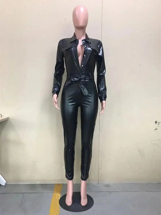 5Pcs Bulk Items Wholesale PU Leather Jumpsuits Women Long Sleeves Single Breasted Belt One Piece Rompers Sexy Bodycon Overalls