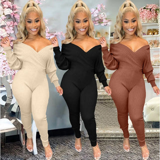 Ribbed Knitted Bandage Bodycon Jumpsuit for Women Overall One Piece Outfit Long Sleeve Off Shoulder Sexy Rompers Womens Jumpsuit