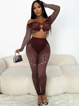 Sexy Night Party Club Outfits for Women 2 Pieces Slash Neck Off the Shoulder Crop Top and Pants Leggings Matching Sets Birthday