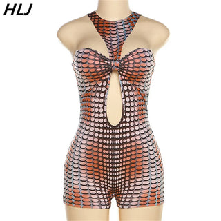 Sexy Printing Hollow Out Bodycon One Pieces Rompers Womens Halter Sleeveless Slim Jumpsuits Female Playsuits Overalls