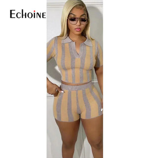 Women's Striped Turn-down Collar Short Sleeve Backless T-shirt and Shorts Two 2 Piece Set Tracksuit Casual Outfits Thomas Family Essentials