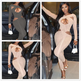 5Pcs Bulk Wholesale Hollow Out Jumpsuits Women Solid Long Sleeve Solid Ribbed Rompers Sexy Nightclub Overalls