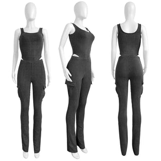 5Sets Bulk Wholesale Two Piece Set Women Sexy Sleeveless Bodysuit + Casual Cargo Pants Tracksuits Autumn Solid Streetwear Outfit