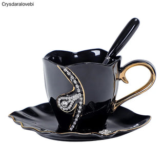 Creative Design Drinkware Ceramic 3D Tea Mugs With Rhinestones Decoration Cups And Saucers