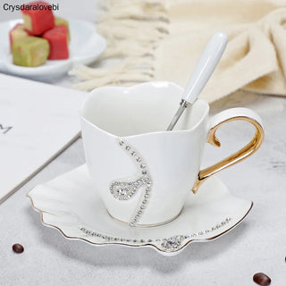 Creative Design Drinkware Ceramic 3D Tea Mugs With Rhinestones Decoration Cups And Saucers