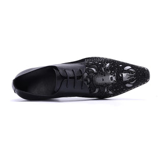 New Black Real Leather Pointed Toe Brogue Shoes Party Evening Dress Shoes Patchwork Lace Up Business Men Oxford Shoes Large Size