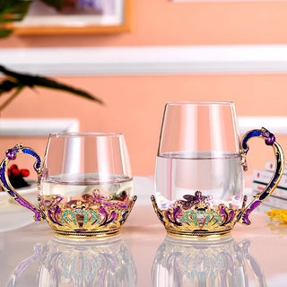 New Enamel Crystal Glass Cup Mug with Spoon Home high-temperature resistance Drinkware Flower Tea Coffee Cup gift Teacups