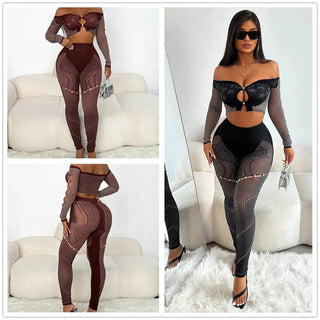 5Sets Bulk Wholesale Sexy Two Piece Set Women Slash Neck Hollow Out Long Sleeve Crop Tops + Leggings Rhinestone Mesh Club Outfit