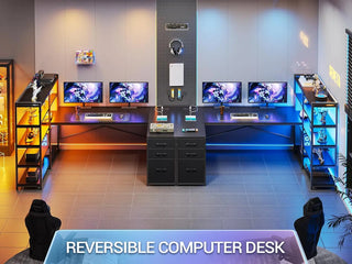 Shaped Gaming Desk, Reversible U Shaped Computer Desk with Power Outlet and Storage Shelves