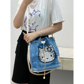 Sanrio Hello Kitty Diamonds Rhinestone Bucket Bags Women Fashion Shoulder Bag Purse Female Chain Crossbody Bag Girl Handbag Gift