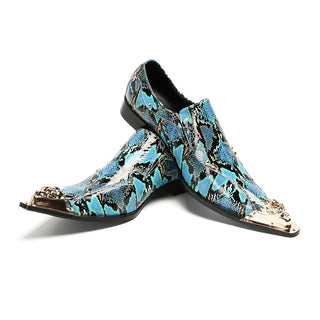 Handmade Blue Snake Pattern Men Pointed Toe Shoes Party Nightclub Dress Shoes Male Plus Size Real Leather Business Formal Shoes