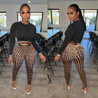 Slim Long Sleeve Crop Top And Print Pants Two 2 pcs Set 2022 Sexy Fashion Casual Street Party club Outfits