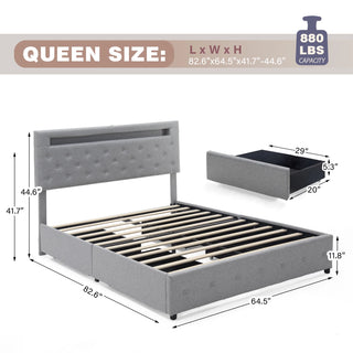 Full/ Queen LED Bed Frame with 4 Storage Drawers and 2 USB Ports, Modern Adjustable Upholstered Button Tufted Headboard Thomas Family Essentials