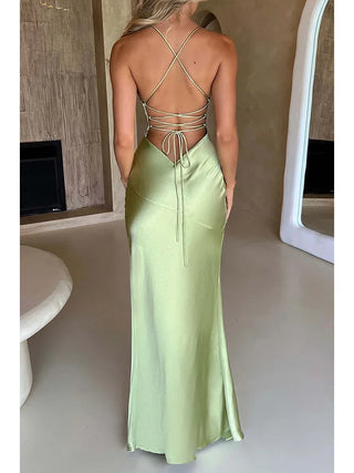 Fashion Sexy Satin Backless Camis Dress Spaghetti Strap Split Hem Silk Y2K Bodycon Casual Lace-up Summer Evening Long Dress