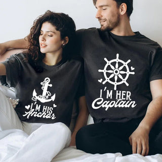 Matching Couples T Shirt I'm Her Captain His Ancho Print TShirt Unisex Husband Wife Lovers Shirts Romantic Couple Gift Tees Top