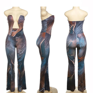 5Pcs Bulk Items Wholesale Print Jumpsuits Sexy Hollow Out Strapless Skinny Romper Female 2024 Spring Casual Flare Pants Overalls