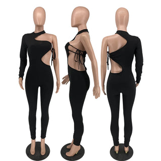 Sexy Cut Out Lace Up Jumpsuit Women Lounge Wear Solid Sport One Shoulder Long Sleeve Pants Skinny Club Party Romper One Piece