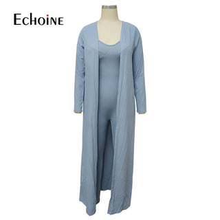 New Autumn Rib Solid Two-piece Woman Sexy Sling Tight One Piece Jumpsuit and Long Cardigan Shawl Jacket Outfits Thomas Family Essentials