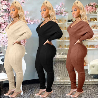 Ribbed Knitted Bandage Bodycon Jumpsuit for Women Overall One Piece Outfit Long Sleeve Off Shoulder Sexy Rompers Womens Jumpsuit