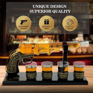 Luxury Gun Decanter with 4 Shot Glasses, Gift Box, & Funnel - Cool Unique Whiskey Decanter Sets for Men & Women - Crystal Glass