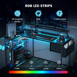 47 inch L Shaped Gaming Desk with LED Lights & Adjustable Stand, Power Outlets, Reversible Gaming Desk with Shelves,Hook