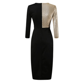 New Luxury High Waist Party Dress Elegant Black Gold Sequins Splice Long Sleeve Prom Split Women Midi Dresses Vestidos