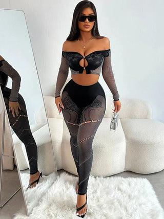 Sexy Night Party Club Outfits for Women 2 Pieces Slash Neck Off the Shoulder Crop Top and Pants Leggings Matching Sets Birthday