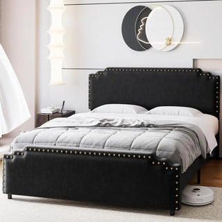 Queen Size Bed Frame w Headboard, Velvet Upholstered Platform Bed w Rivet Decor, Heavy Duty, No Box Spring Needed, Easy Assembly Thomas Family Essentials