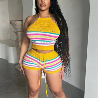 Women Suits Hhanging Neck Lace-up Sleeveless Backless Tops Female Casual Knitted Rainbow Stripes Two Piece Sets Slim Fit Shorts