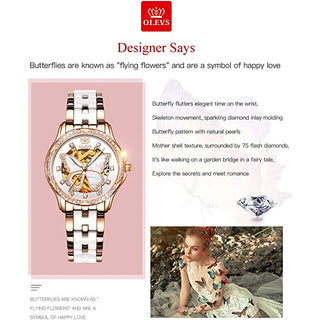 OLEVS Women's Automatic Watches Skeleton Mechanical Ladies Elegant Luxury Dress Butterfly Diamond White Ceramic Band Watch Gift