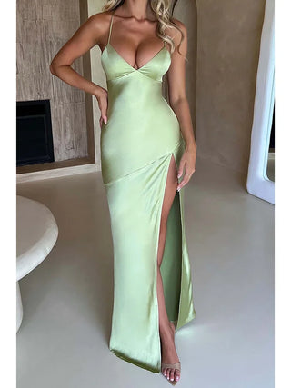 Fashion Sexy Satin Backless Camis Dress Spaghetti Strap Split Hem Silk Y2K Bodycon Casual Lace-up Summer Evening Long Dress