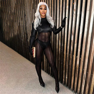 5Pcs Bulk Wholesale Mesh Patchwork Jumpsuit Women Sexy See Through Long Sleeves Rompers with Gloves Female Bodycon Overall 10677