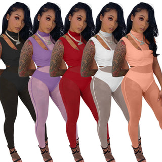 Women Sexy Mesh Sheer Solid 3 Three Piece Set Oblique Vest+Thong+Turtleneck One Shoulder Short Sleeve Jumpsuit Outfits Thomas Family Essentials