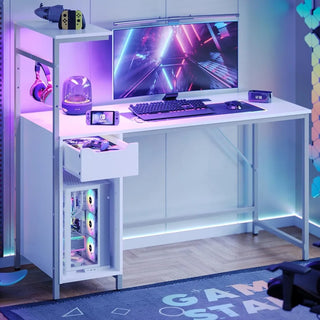 Gaming Desk with Drawer and LED Lights, 48 inch Computer Desk PC Table with Adjustable Storage Shelves & Hook for Home Office